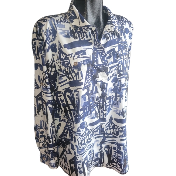 Karl Lagerfeld Blue and White Abstract Paris Button Front Shirt L - Picture 3 of 7